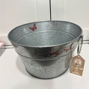 Dolly Parton Metal Bucket with Red Butterfly Design